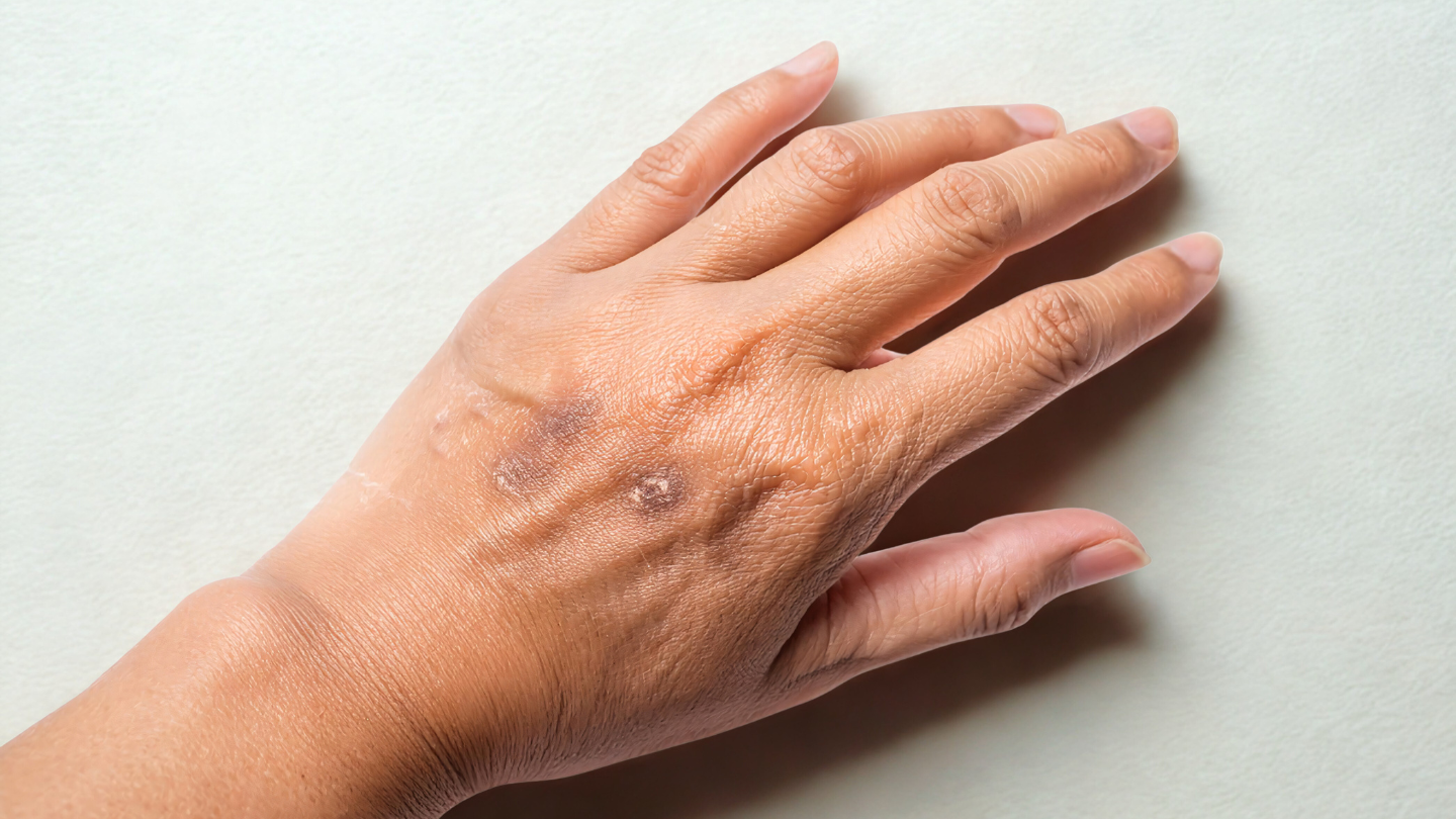 Actinic keratosis on the back of a hand.