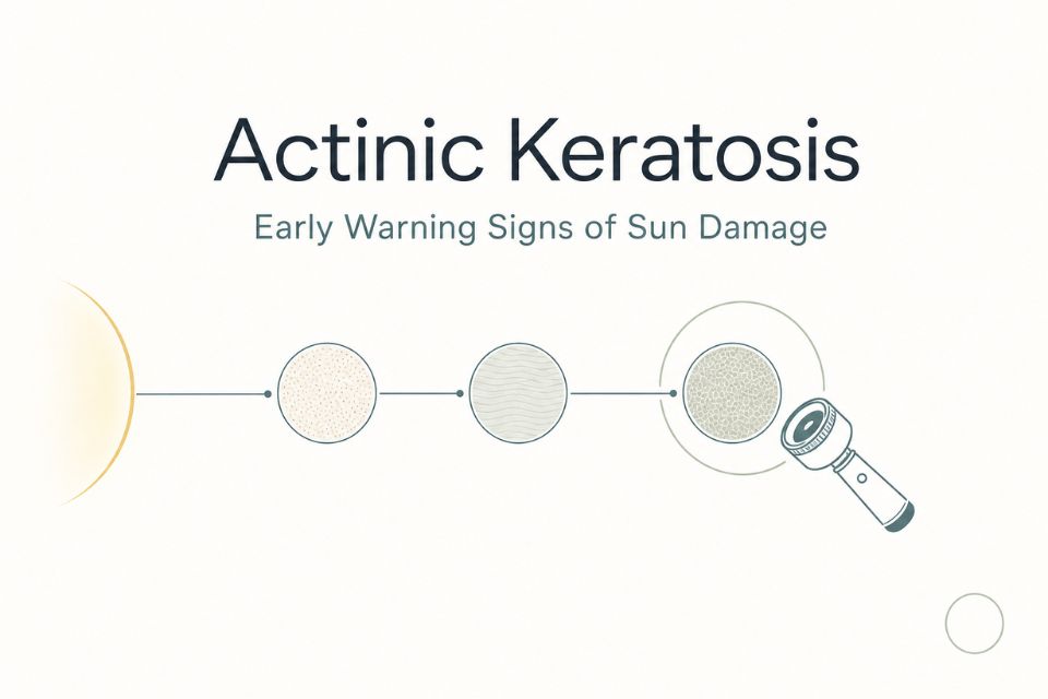 Editorial graphic explaining actinic keratosis as an early warning sign of cumulative sun damage.