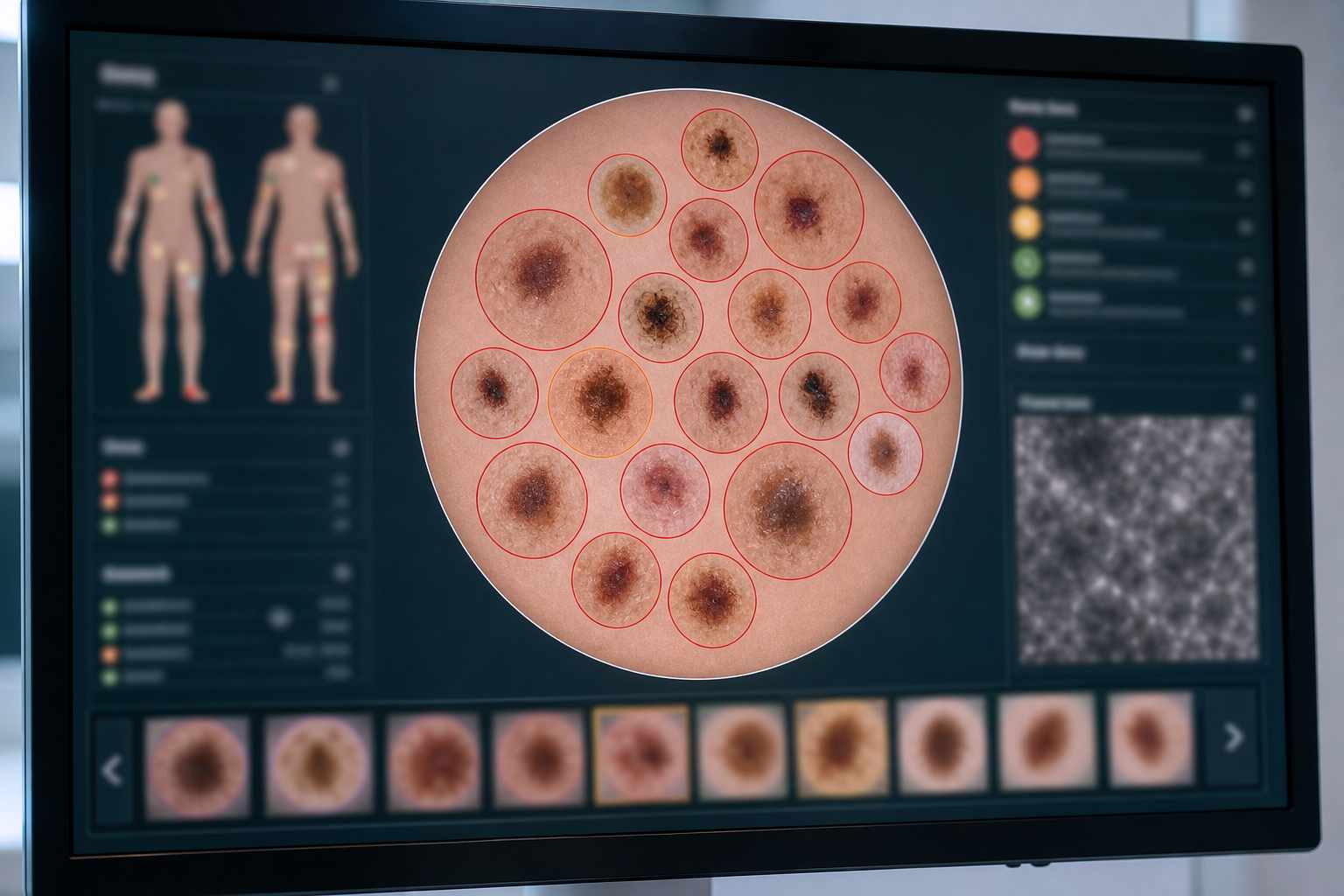 Advanced skin imaging body map showing digital mole mapping with AI‑assisted analysis, dermoscopy views and confocal microscopy in a modern clinic.