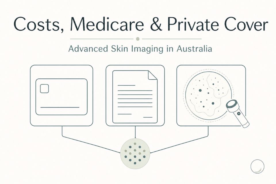 Graphic explaining Medicare, private health cover and out-of-pocket costs for advanced skin imaging in Australia.