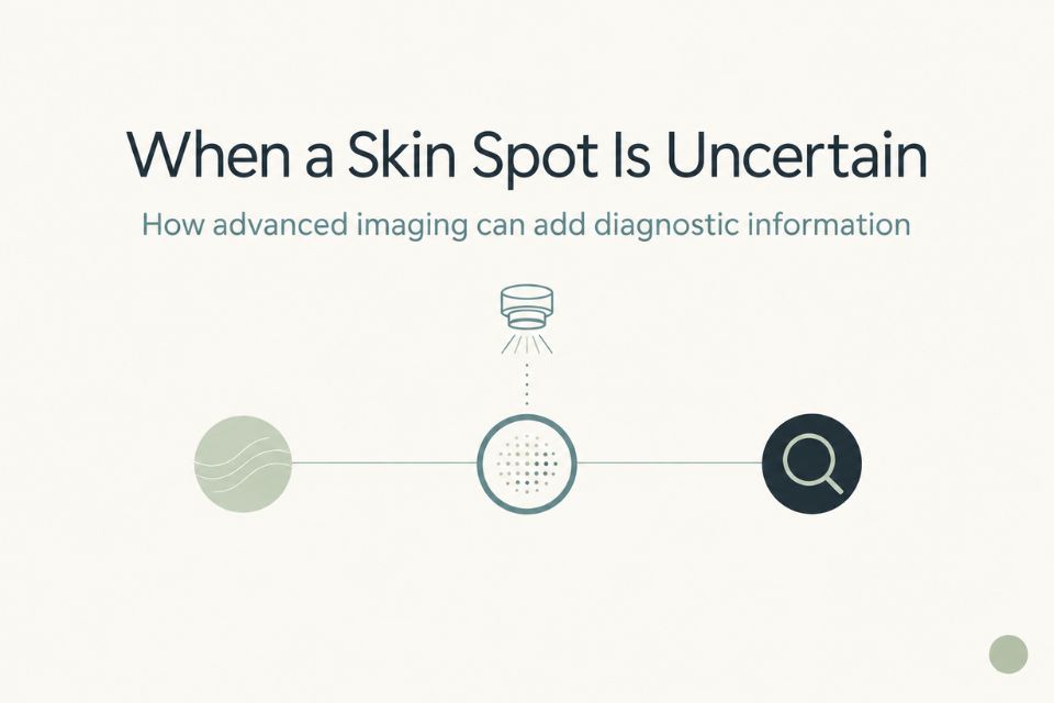 Editorial graphic showing how advanced skin imaging can add information when a skin lesion remains diagnostically uncertain.