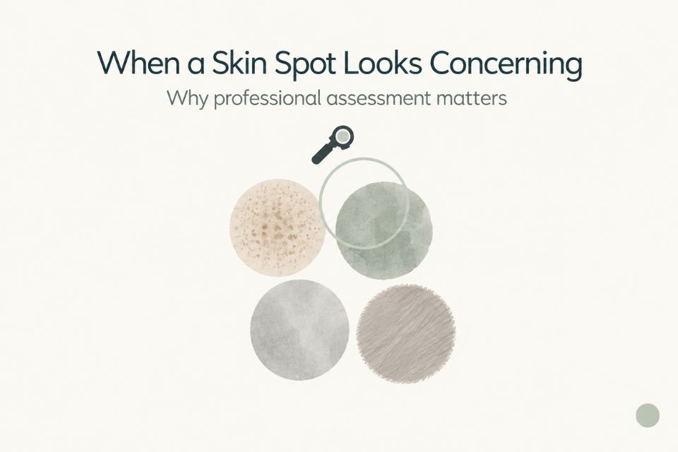 Editorial graphic showing abstract skin markers under dermatoscope-style magnification to represent professional assessment of uncertain skin lesions.