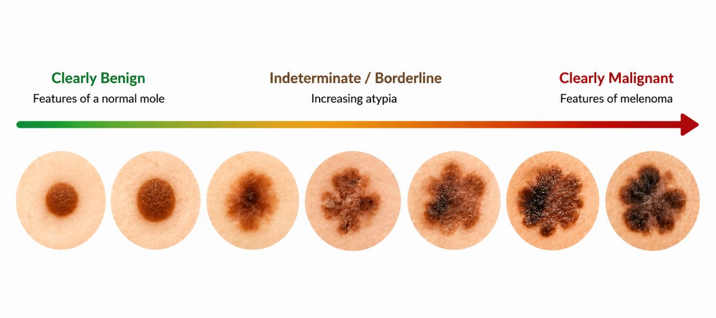 Progression from a benign mole to an indeterminate skin lesion and a suspicious melanoma-like lesion.