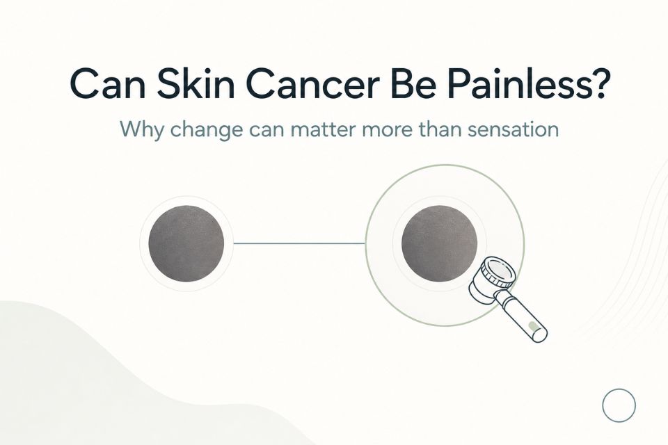 Editorial graphic showing that painless skin lesions can still need professional assessment when they change or persist.