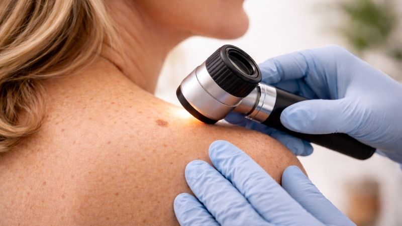 Dermatologist examining a small, subtle mole on a shoulder during a skin check