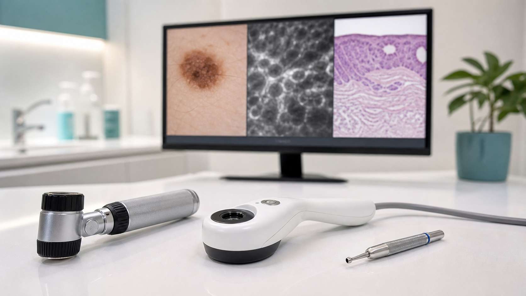 Dermoscope, confocal microscopy probe and biopsy punch displayed together in a modern skin imaging clinic to illustrate different tests used for skin cancer diagnosis.