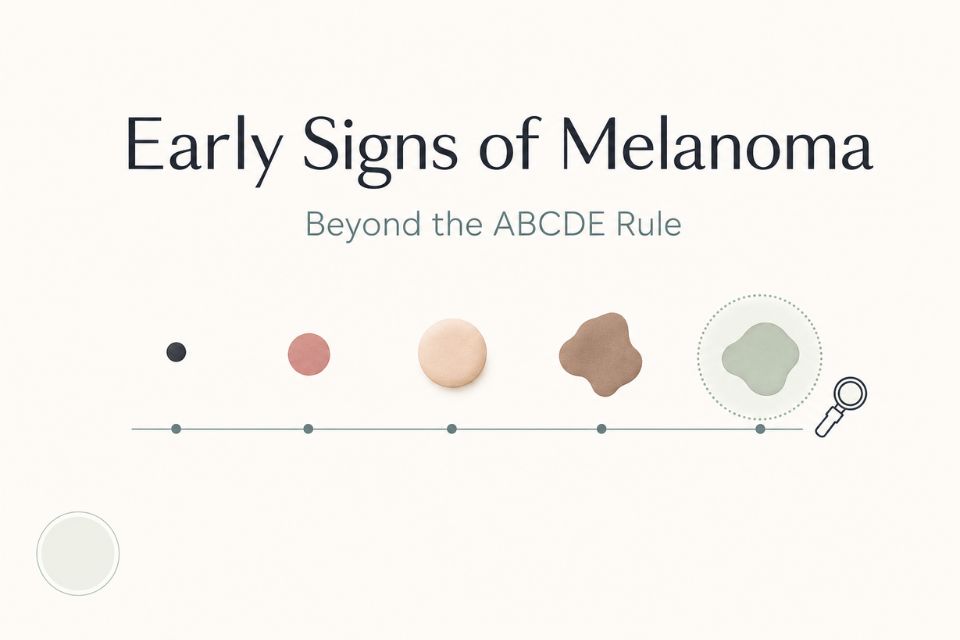 Editorial graphic illustrating that early melanoma warning signs can include small, pink, changing and different-looking lesions.