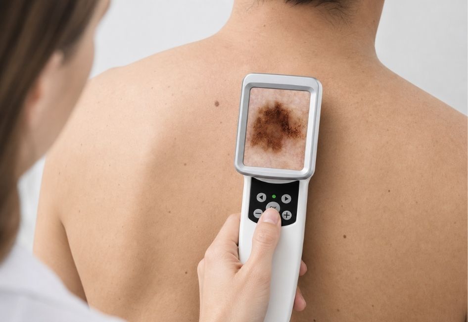 Digital dermoscopy examination of a man’s back during a full body skin cancer check in a Melbourne clinic.