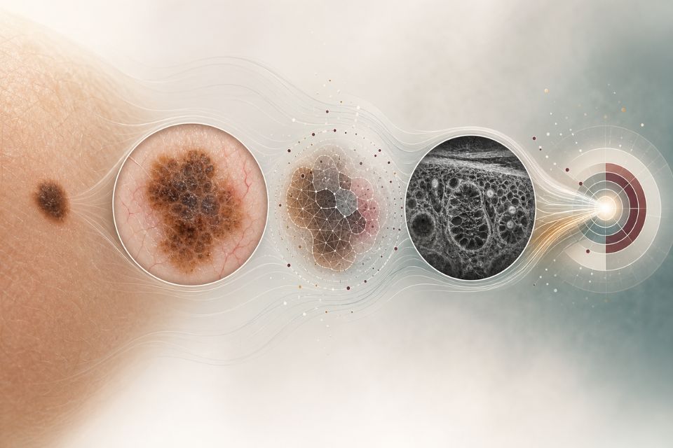 Medical illustration showing a skin lesion assessed through dermoscopy, AI-assisted analysis and confocal microscopy for skin cancer diagnosis.