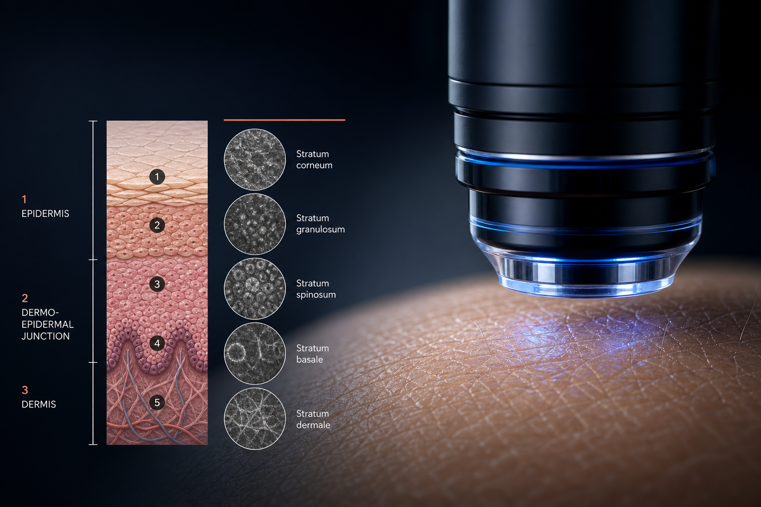 Diagram showing how confocal microscopy creates optical sections of the skin