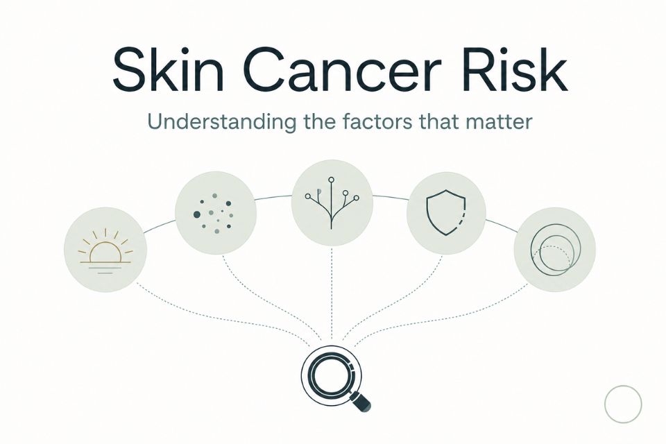 Editorial graphic showing that skin cancer risk can be influenced by UV exposure, mole pattern, family history, immune function and age.