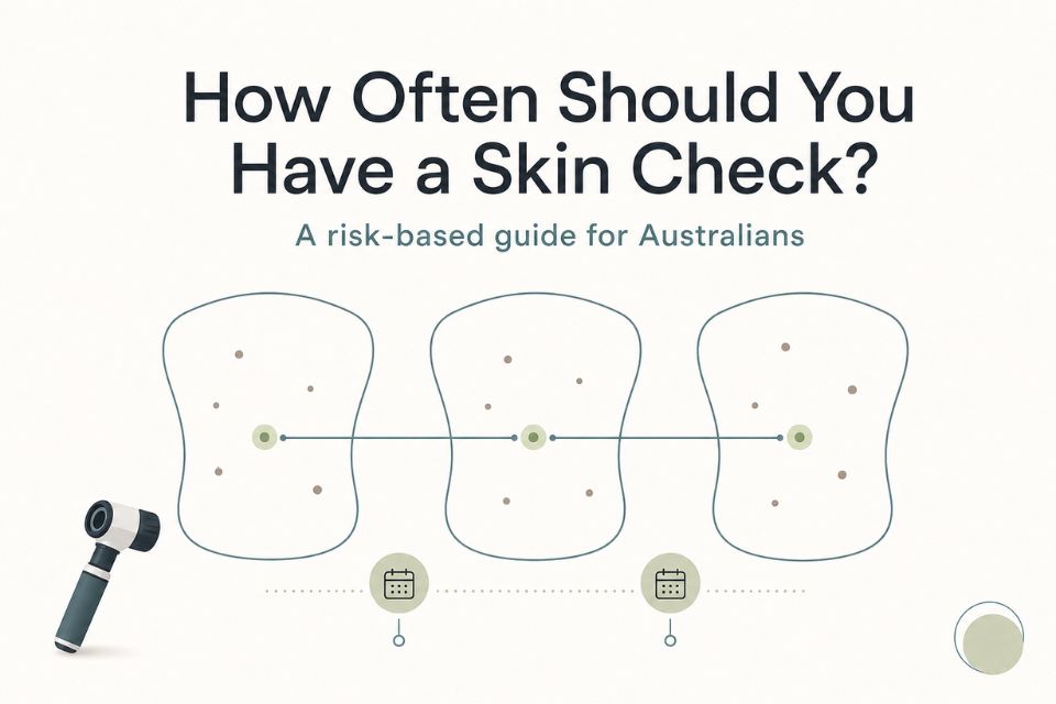 Risk-based skin check frequency guide showing body-map image comparison over time.