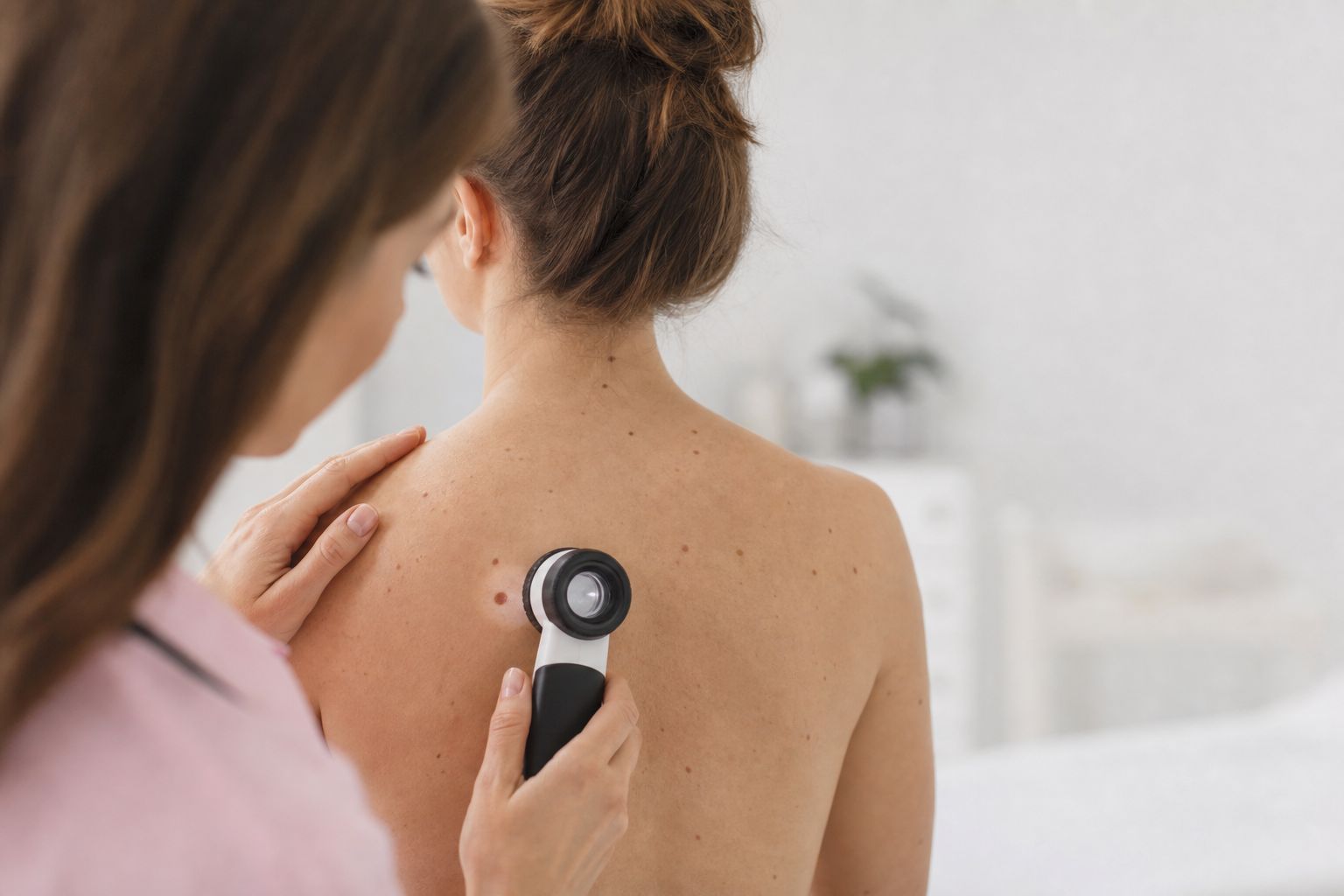 Doctor using a dermatoscope to examine a mole on a patient’s back during a skin check.