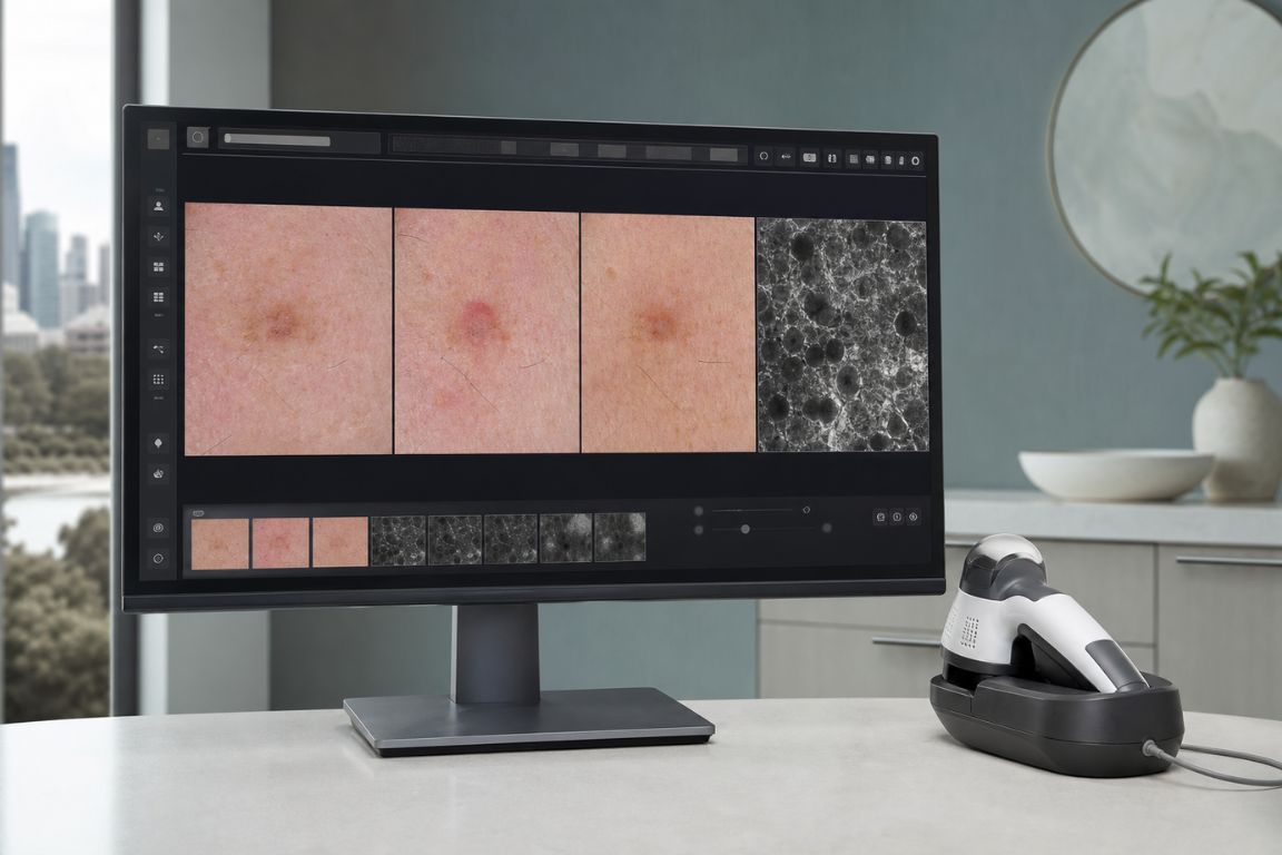 Skin imaging workstation showing dermoscopy and confocal microscopy images used to monitor a treated facial skin lesion over time.