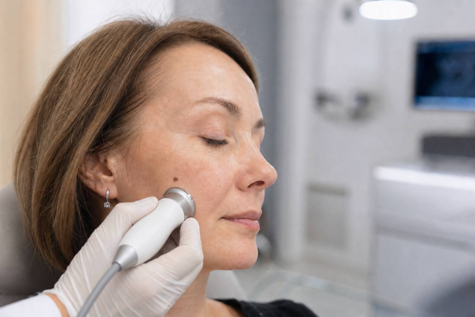Reflectance confocal microscopy probe performing a non-invasive optical biopsy of a facial mole.
