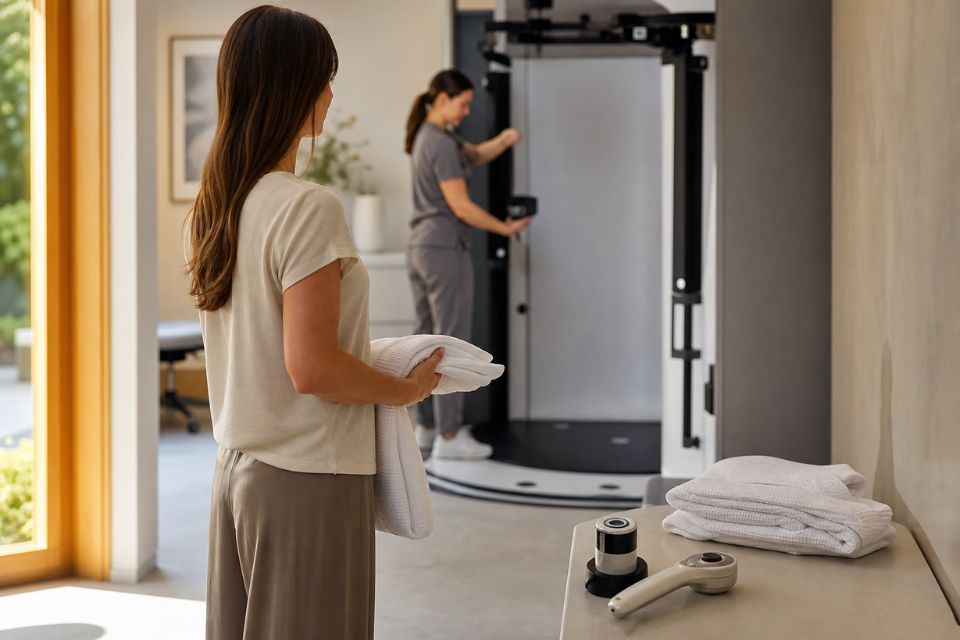 Patient preparing for a skin imaging appointment beside a total body photography station in a modern Melbourne clinic.