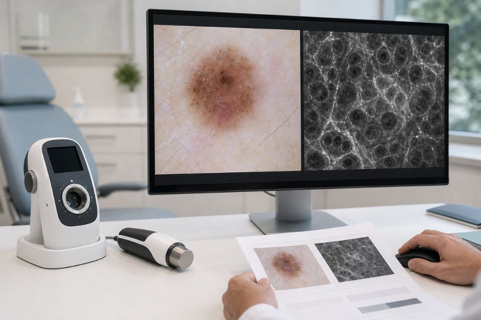 Skin imaging workstation comparing dermoscopy and confocal microscopy views for a second opinion on a suspicious skin lesion.