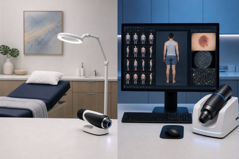 Clinical treatment tools and advanced mole-mapping imaging equipment illustrating skin cancer clinic and skin imaging service pathways.