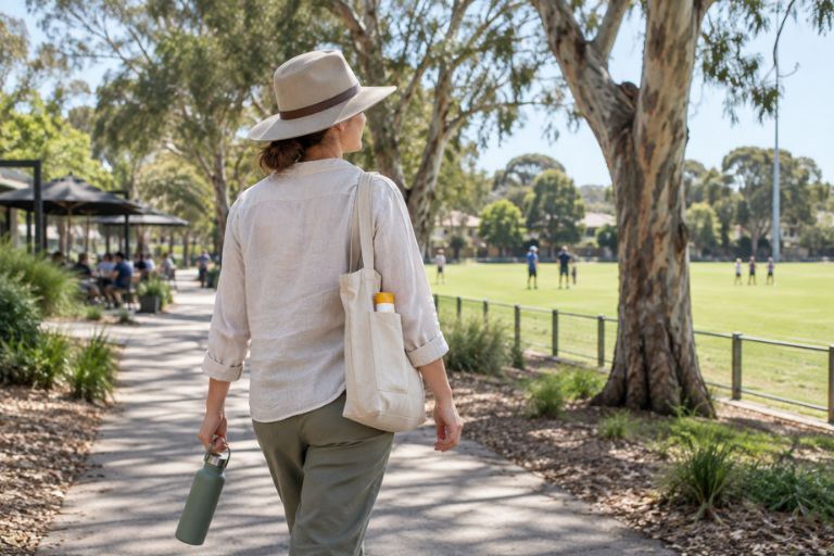 Adult wearing a broad-brimmed hat and lightweight long sleeves while walking in shaded Australian parkland.