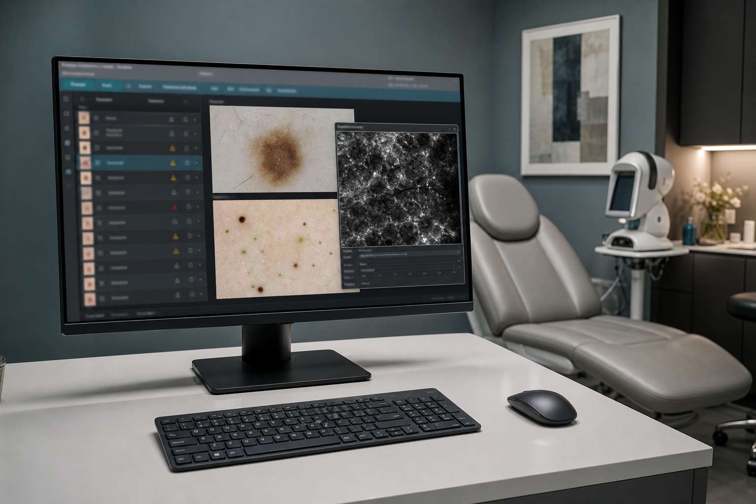 Modern skin imaging workstation showing a structured report with dermoscopic, mole mapping and confocal microscopy images on screen in a premium clinic.