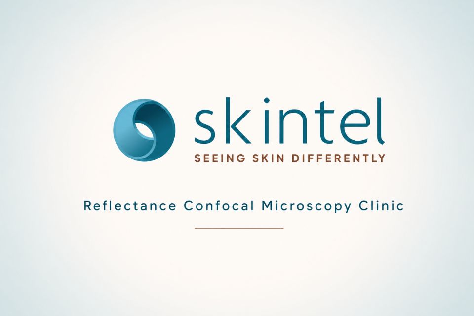 Skintel Reflectance Confocal Microscopy Clinic branded graphic for non-invasive optical biopsy and skin lesion imaging.