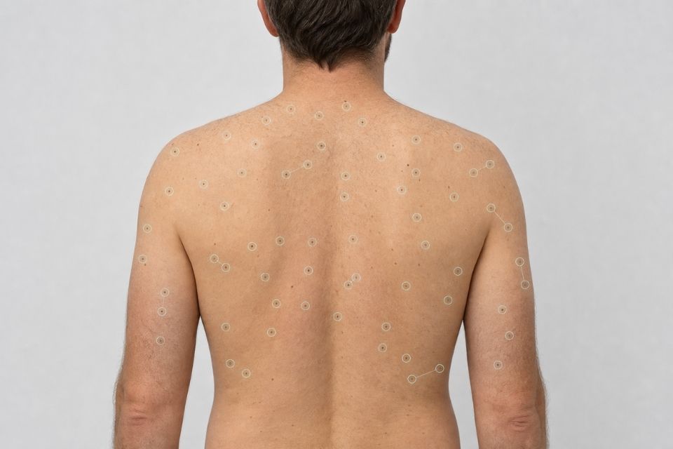 Digital mole mapping markers across a man’s back during melanoma-risk skin surveillance.